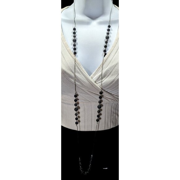 Elegant Opera Station Necklace Black Beads On Silver Tone Snake Chain - Picture 5 of 7